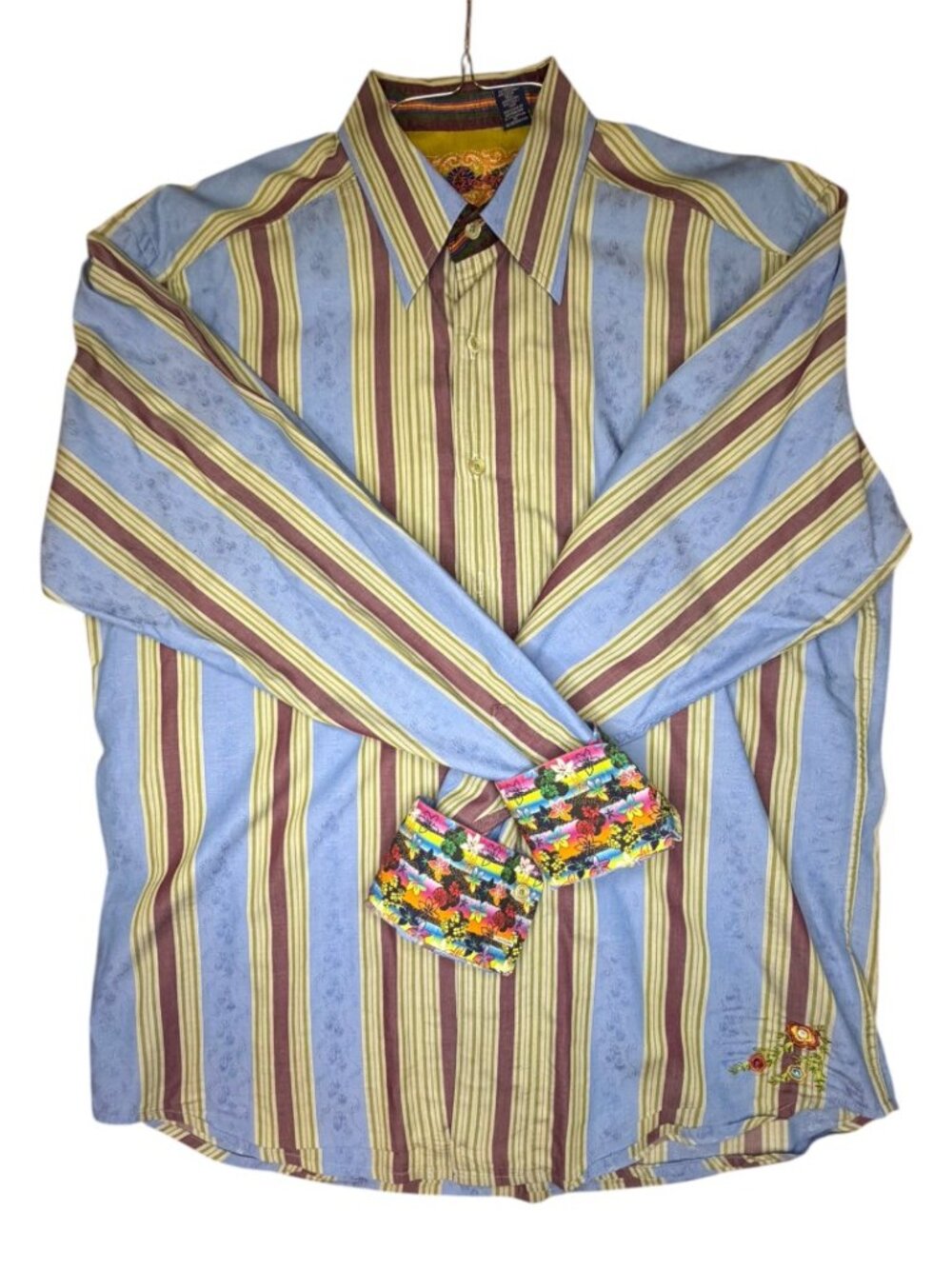 Robert Graham Blue Maroon Yellow Cotton Embroidered Long Sleeve Shirt - Size XL